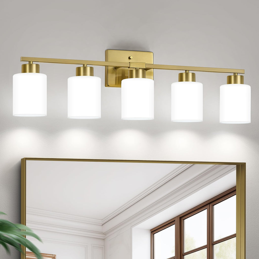 FonmYim Brushed Nickel Bathroom Light Fixtures, 3-Light Modern Vanity Light Over Mirror, Wall Sconces with Milky White Frosted Glass Shades, E26 Socket (Bulbs Not Included)