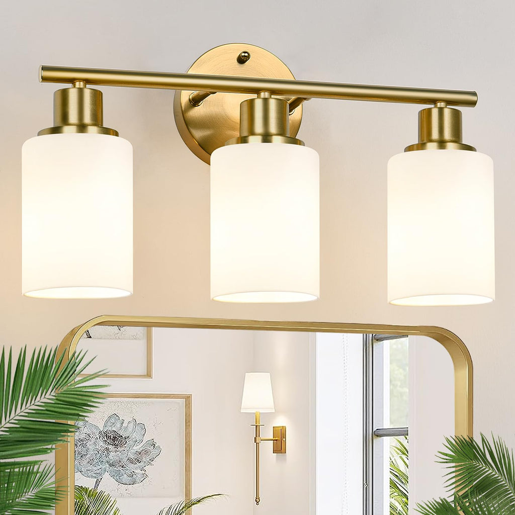 Zarbitta 3-Light Bathroom Light Fixtures, Brushed Nickel Vanity Light, Farmhouse Wall Lights with Milky White Frosted Glass Shades, Bathroom Wall Lamp for Mirror Kitchen Bedroom Hallway Living Room