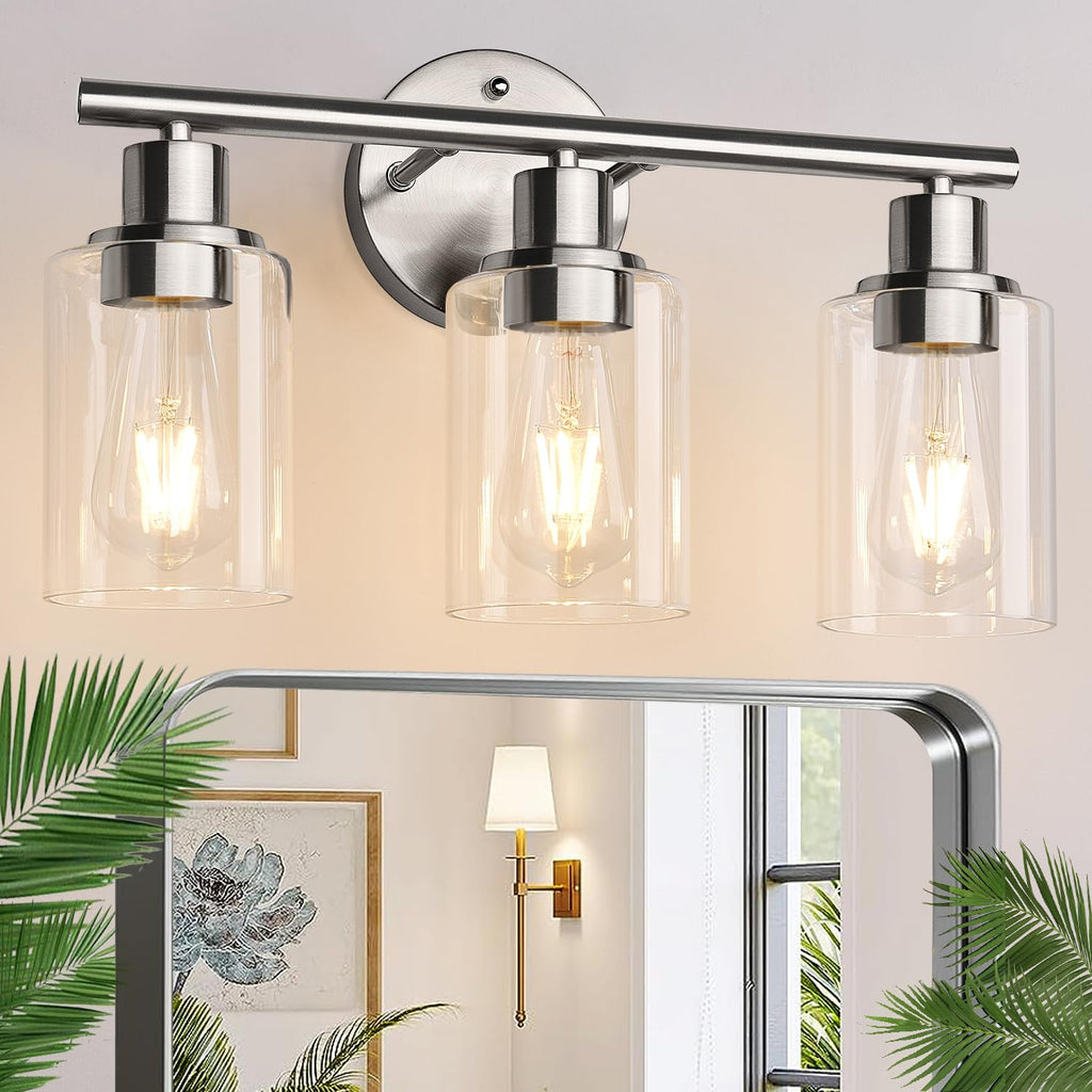Zarbitta 3-Light Bathroom Light Fixtures, Brushed Nickel Vanity Light, Farmhouse Wall Lights with Milky White Frosted Glass Shades, Bathroom Wall Lamp for Mirror Kitchen Bedroom Hallway Living Room