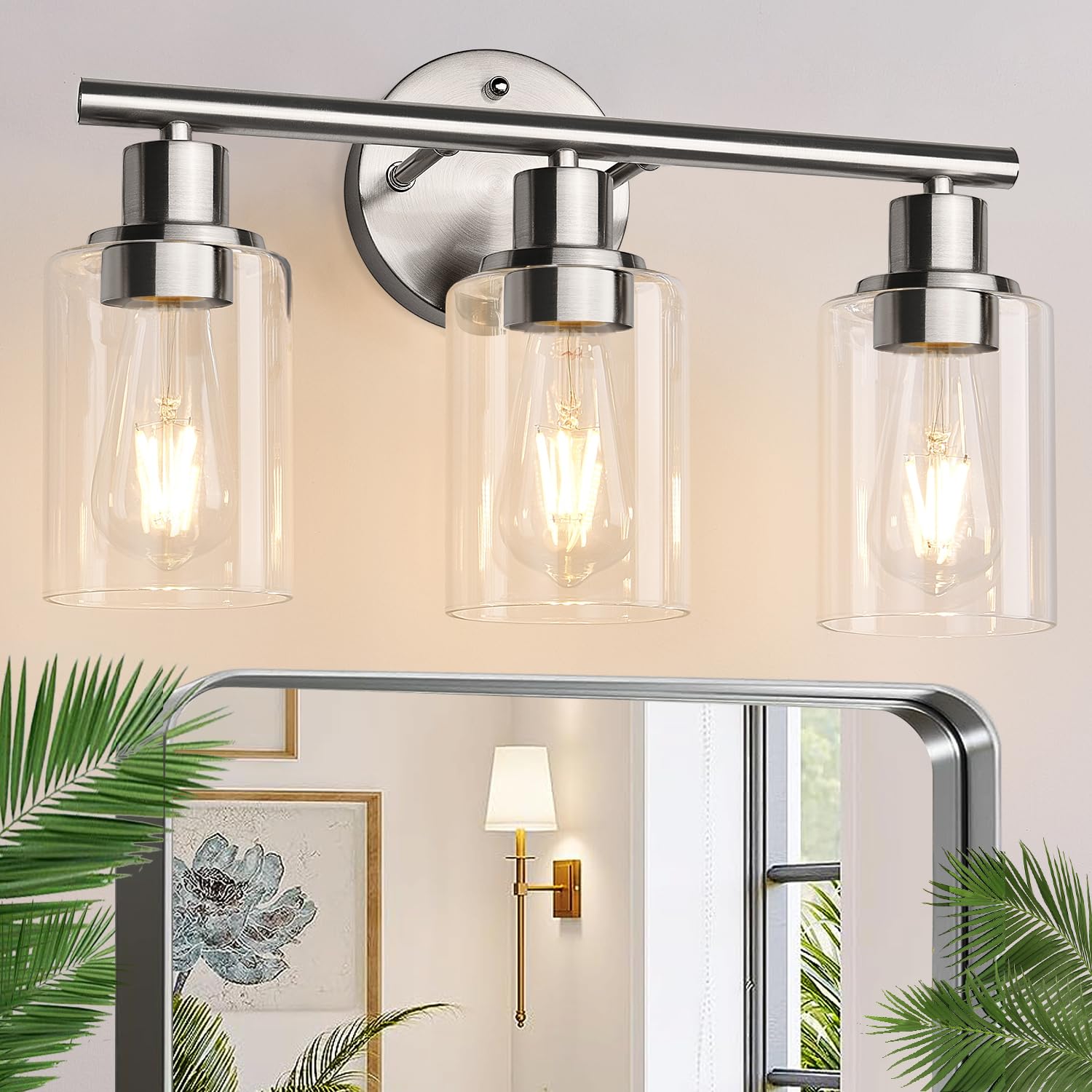 Zarbitta 3-Light Bathroom Light Fixtures, Brushed Nickel Vanity Light, Farmhouse Wall Lights with Milky White Frosted Glass Shades, Bathroom Wall Lamp for Mirror Kitchen Bedroom Hallway Living Room