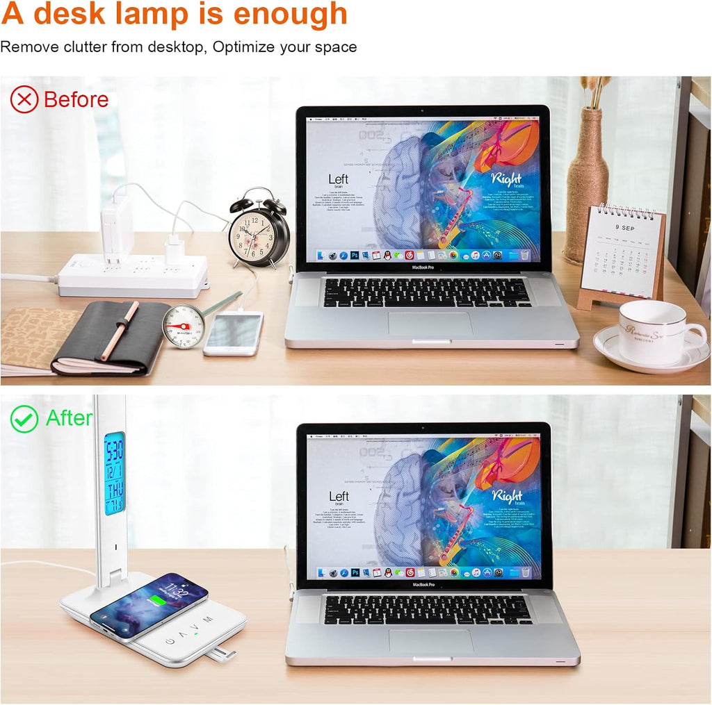 snsok Desk Lamp with Wireless Charger, USB Charging Port, Dimmable Office Desk Light with Clock, Alarm, Date, Temperature, Foldable Lamp for Table Bedroom Bedside Office (White)
