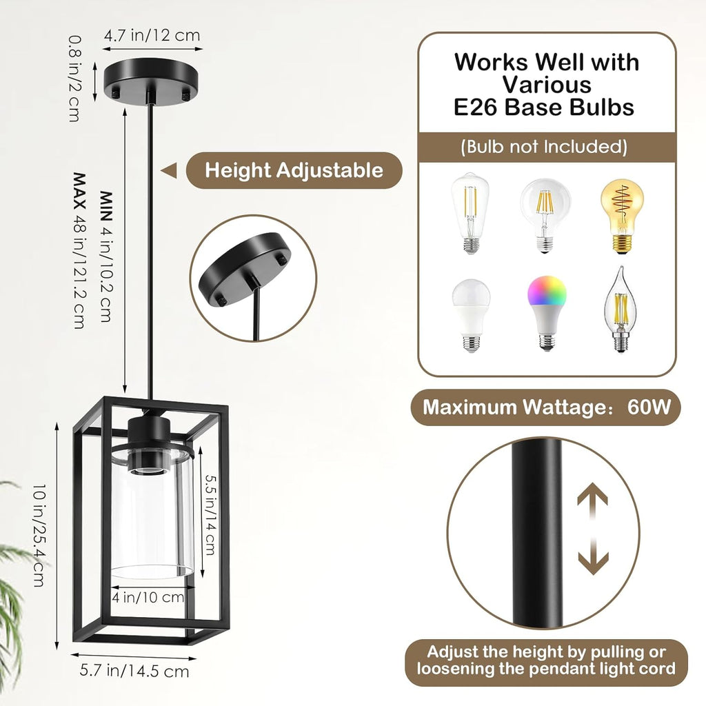 Pendant Lights Kitchen Island, 1 Pack Black Pendant Light, Adjustable Corded Pendant Light Fixtures with Glass Shade, Metal Frame Hanging Light Fixture, Kitchen Island Lighting for Entryway Bedroom