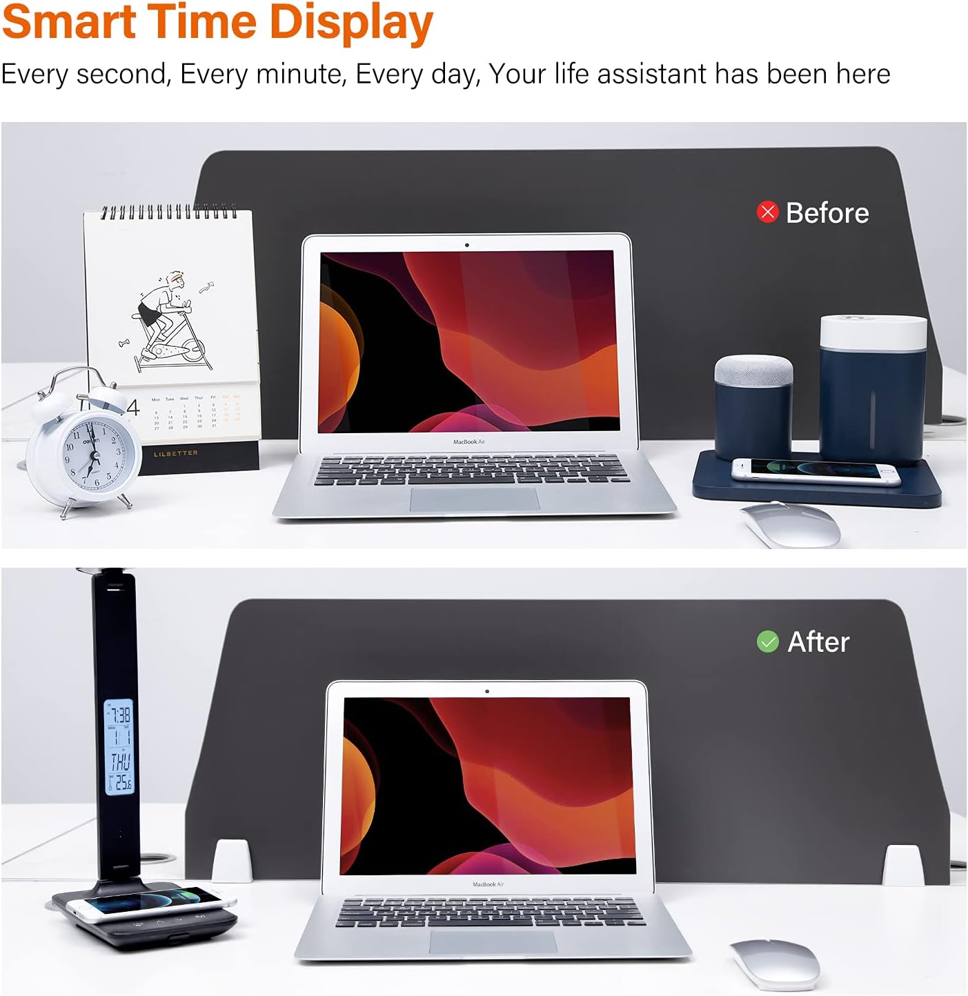 LED Desk Lamp with Wireless Charger, USB Charging Port, Table Lamp with Clock, Alarm, Date, Temperature, Desk Lamps for Home Office,Black