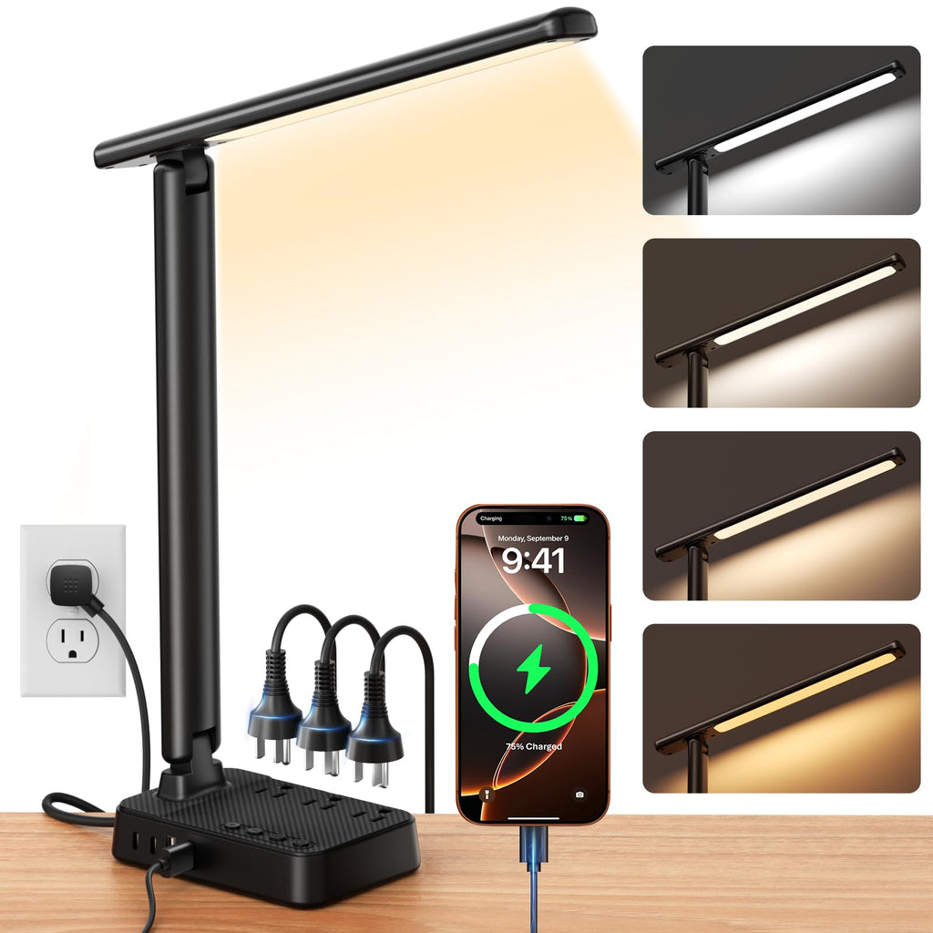 LED Desk Lamp with Power Strip, 3 AC Outlets & 4 USB Ports (2 USB-C), Stepless Dimming & 2800K-6500K Eye-Caring Desk Light, Foldable Table Lamp with 5FT Cord for Home Office, Dorm Room Essentials
