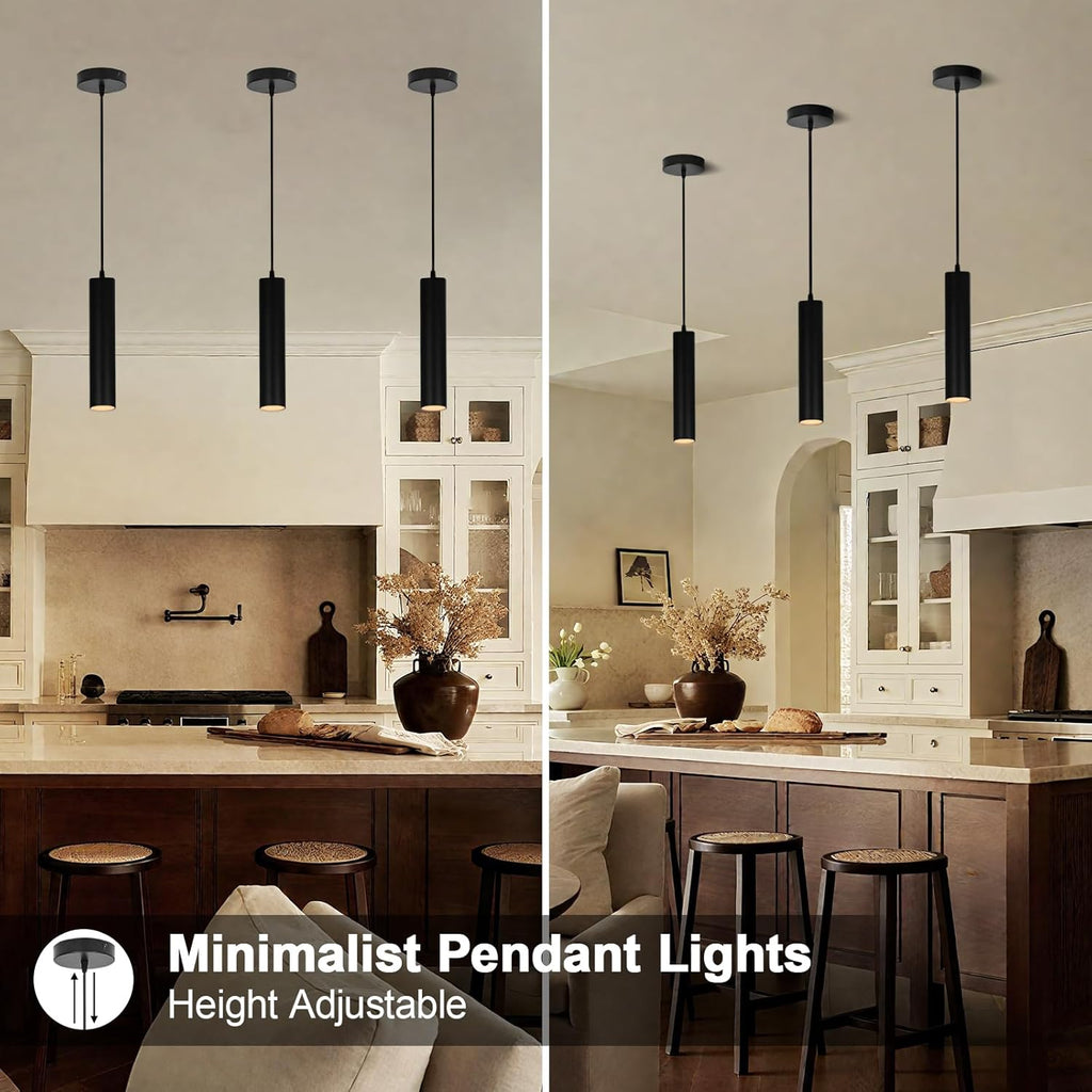 Modern Black Pendant Lights 2 Pack, LED Minimalist Pendant Lighting Fixture for Kitchen Island, Long Tube Hanging Light Cord Adjustable for Living Room Bedroom Dining Room Bar