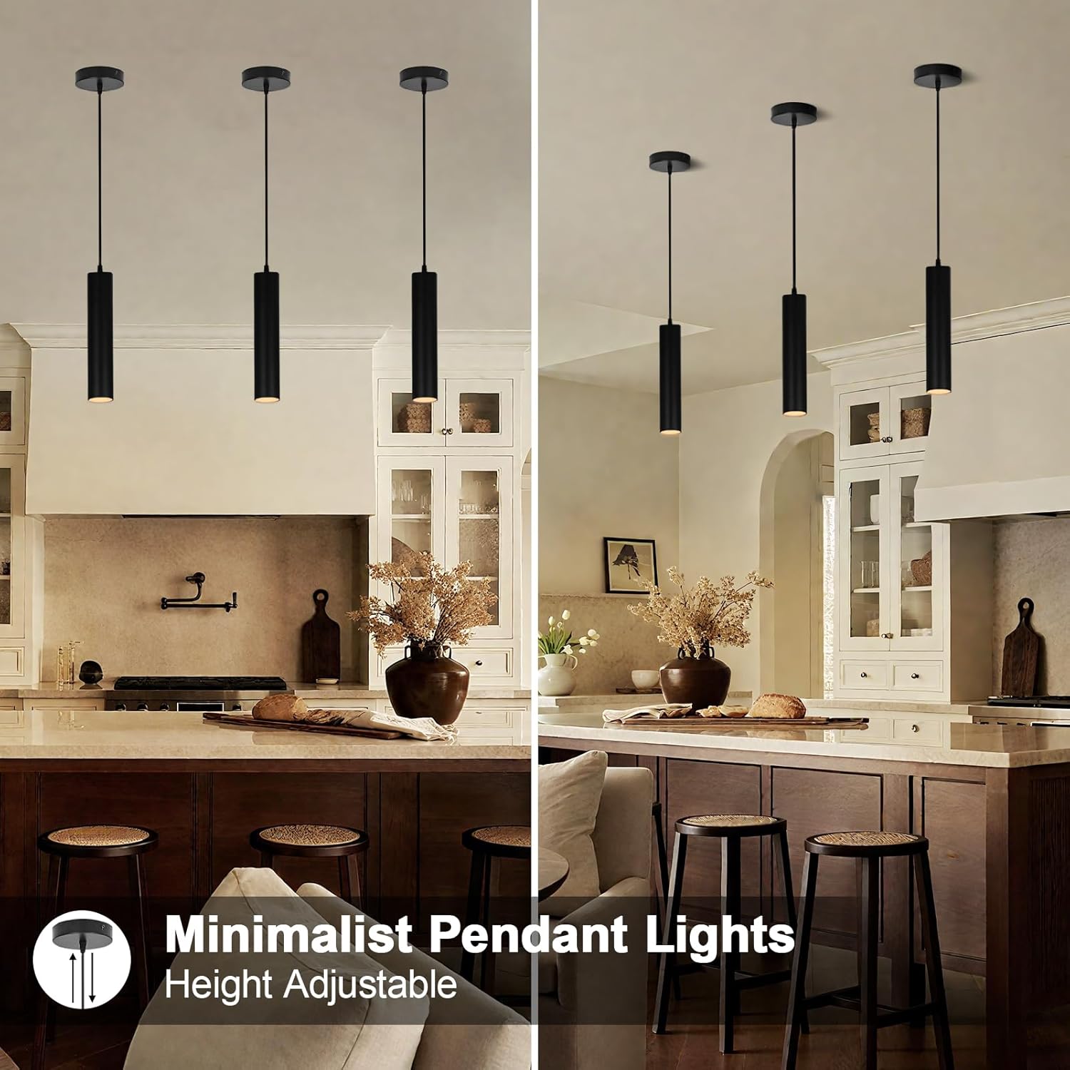 Modern Black Pendant Lights 2 Pack, LED Minimalist Pendant Lighting Fixture for Kitchen Island, Long Tube Hanging Light Cord Adjustable for Living Room Bedroom Dining Room Bar