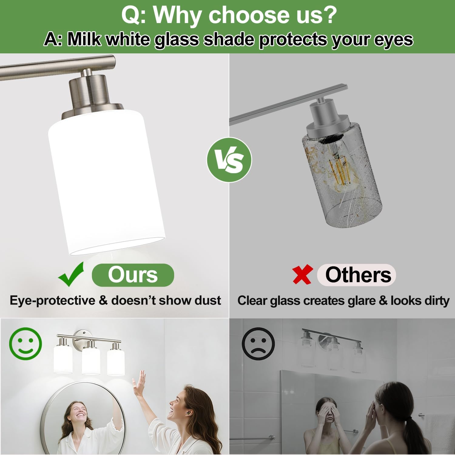 Zarbitta 3-Light Bathroom Light Fixtures, Brushed Nickel Vanity Light, Farmhouse Wall Lights with Milky White Frosted Glass Shades, Bathroom Wall Lamp for Mirror Kitchen Bedroom Hallway Living Room