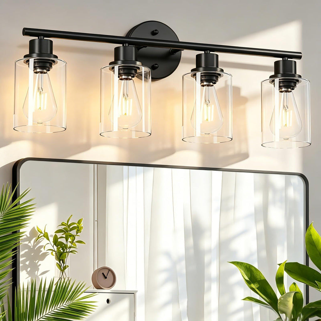 4-Light Brushed Nickel Vanity Lights for Mirror, Bathroom Light Fixtures with Textured Milky White Glass Shade, Modern Kitchen Light Fixtures Wall Sconce Light - E26 Base