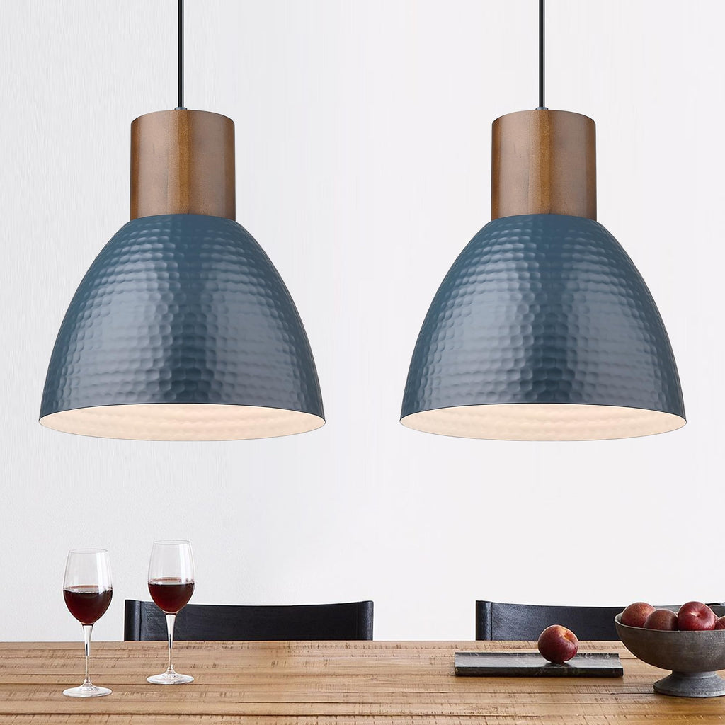 ELYONA 2 Pack Hammered Pendant Lights, 10.2” Industrial Metal Solid Wood Hanging Lamp, Modern Island Pendant Light Fixtures for Kitchen Bar, Farmhouse Dining Room, Bedroom, Living Room, Office, Black