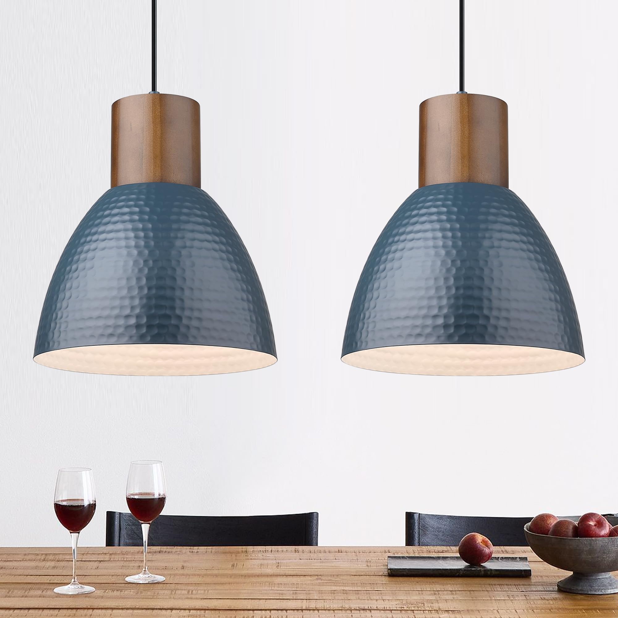 ELYONA 2 Pack Hammered Pendant Lights, 10.2” Industrial Metal Solid Wood Hanging Lamp, Modern Island Pendant Light Fixtures for Kitchen Bar, Farmhouse Dining Room, Bedroom, Living Room, Office, Black