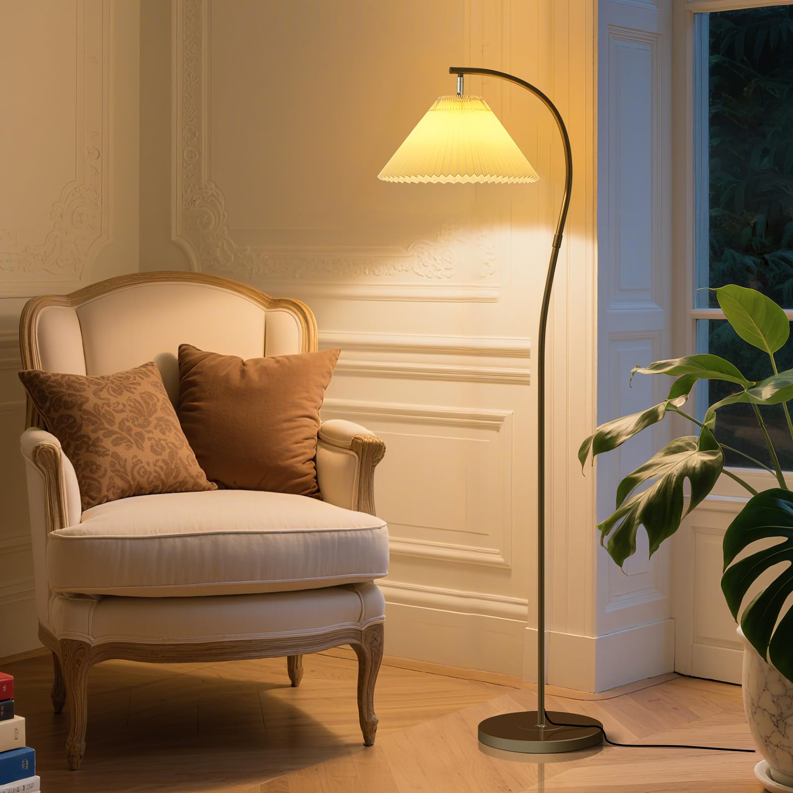 Unique Arc Floor Lamp, Bright 12W Three-Color Dimming Bulb, Wavy Pleated Lamp shade, Brass Gold Curved Standing Reading lamps Living Room Bedroom Office Library, Modern Cute Rustic Vintage Tall Lights