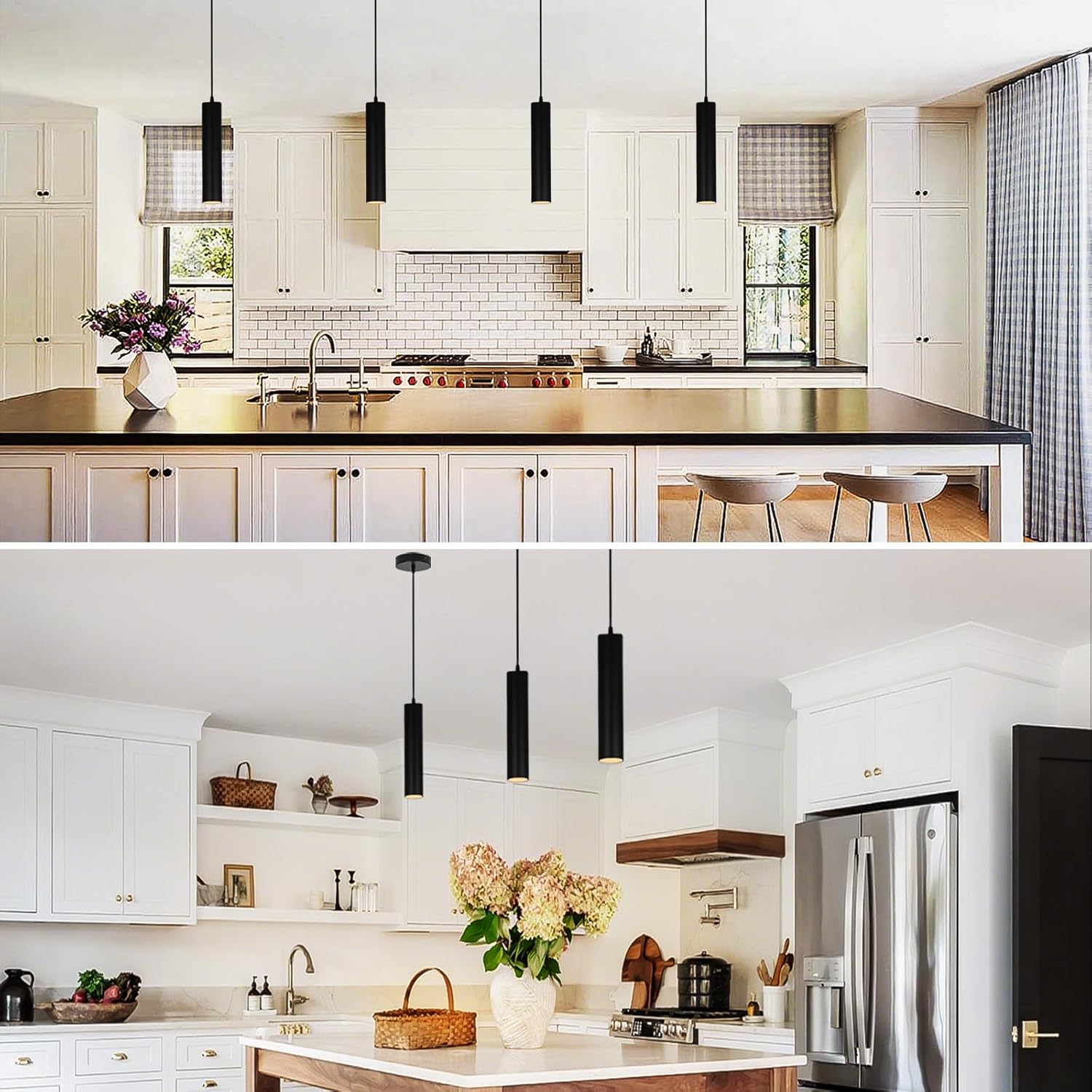 Modern Black Pendant Lights 2 Pack, LED Minimalist Pendant Lighting Fixture for Kitchen Island, Long Tube Hanging Light Cord Adjustable for Living Room Bedroom Dining Room Bar
