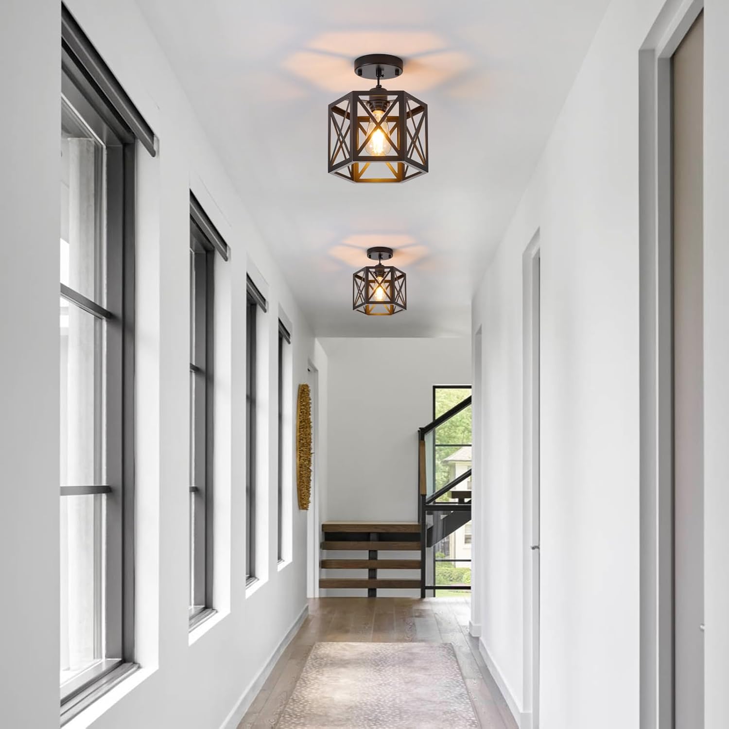 XSDeTu 2 Pack Farmhouse Pendant Lights, Modern Black Hanging Light Fixture with Hexagonal Cage, Industrial Metal Ceiling Lights, Adjustable Lantern Pendant Lighting for Kitchen Island Sink Hallway