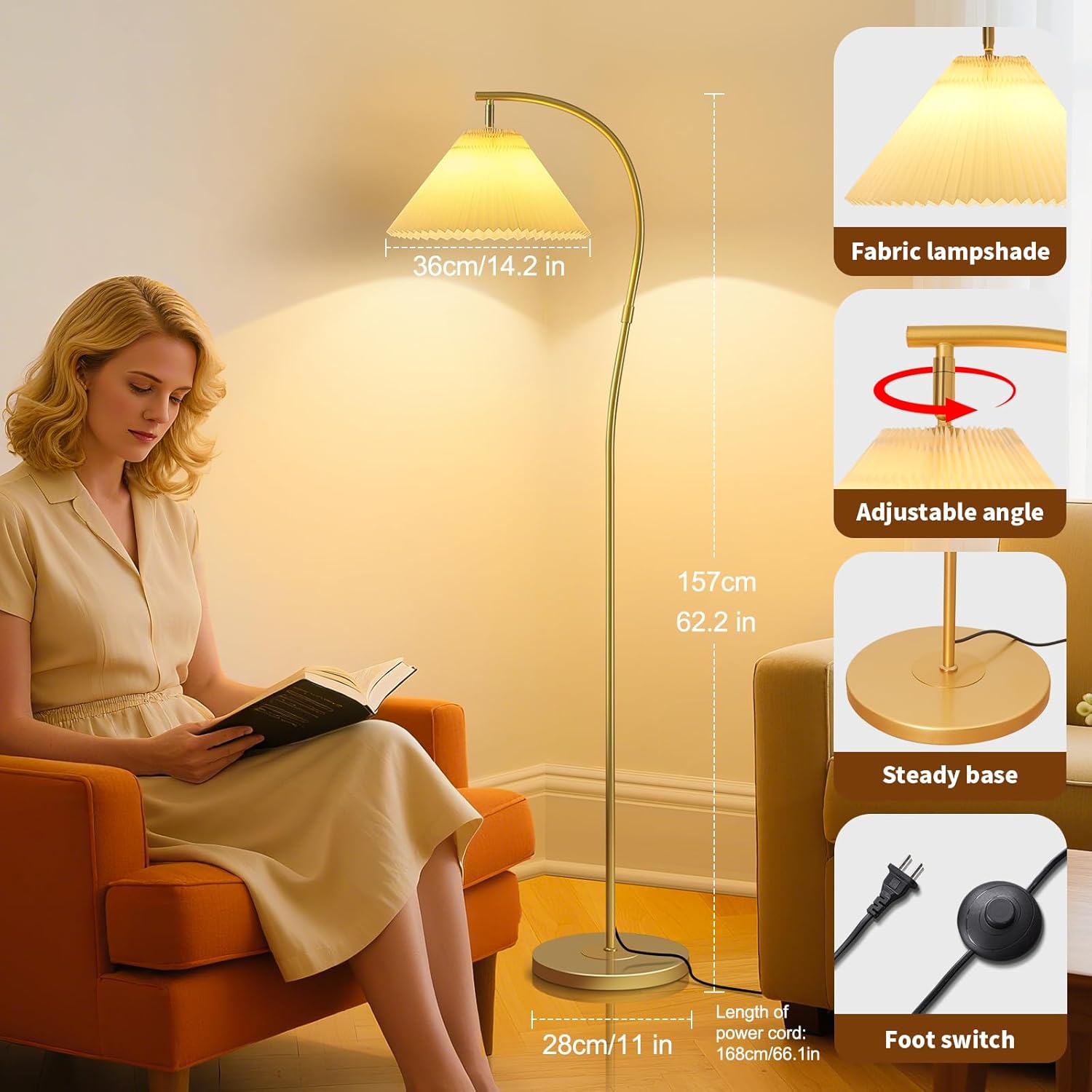 Unique Arc Floor Lamp, Bright 12W Three-Color Dimming Bulb, Wavy Pleated Lamp shade, Brass Gold Curved Standing Reading lamps Living Room Bedroom Office Library, Modern Cute Rustic Vintage Tall Lights