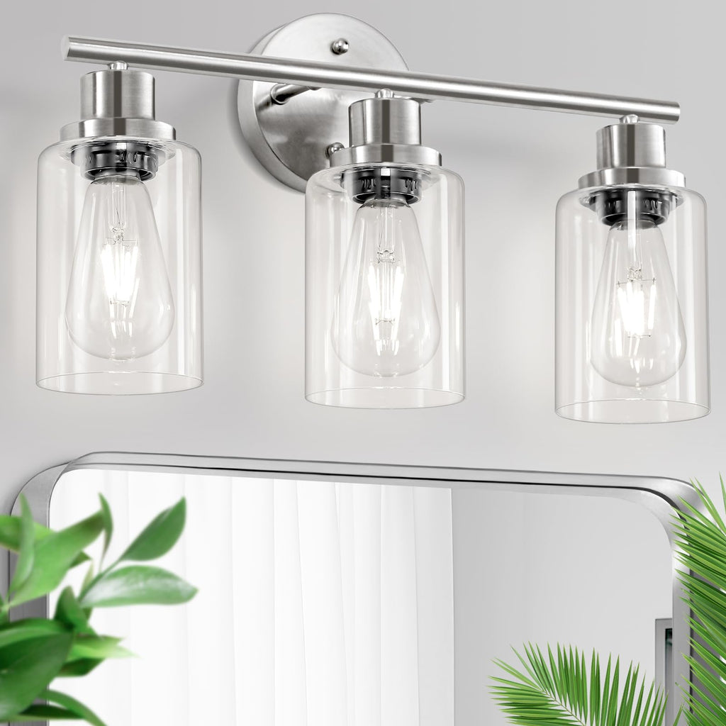 4-Light Brushed Nickel Vanity Lights for Mirror, Bathroom Light Fixtures with Textured Milky White Glass Shade, Modern Kitchen Light Fixtures Wall Sconce Light - E26 Base