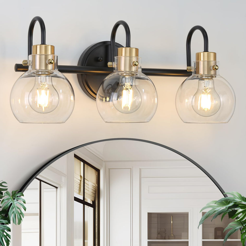 3 Lights Vanity Light, Brushed Nickel Bathroom Light Fixtures, Farmhouse Wall Sconces with Globe Clear Glass Shade, Porch Wall Mount Lamp for Mirror, Kitchen, Porch, Living Room, Workshop (E26 Base)
