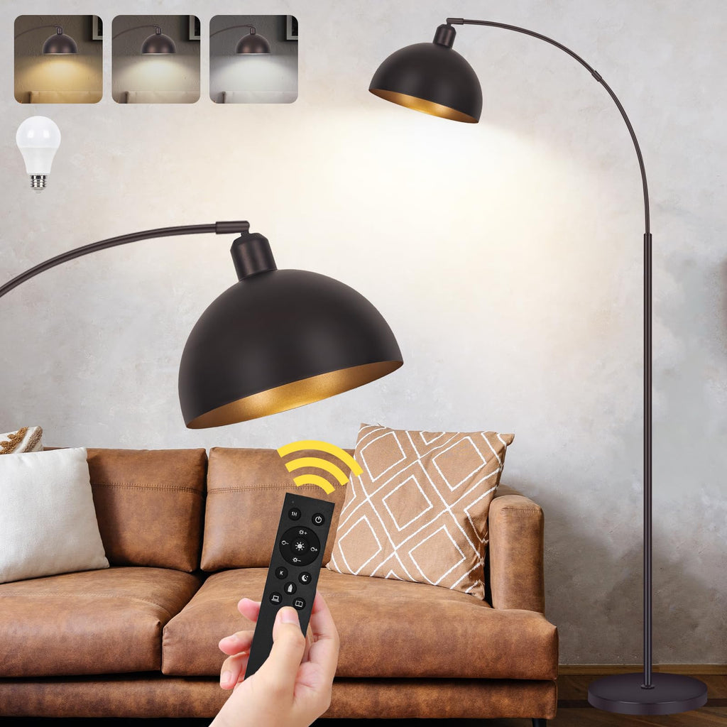 【Upgraded】Black Arc Floor Lamps for Living Room - Dimmable Arched Floor Lamp with Remote Control & 2700-6000K 9W LED Bulb Included, Modern Arch Standing lamp, Industrial Tall Lamp for Bedroom Reading