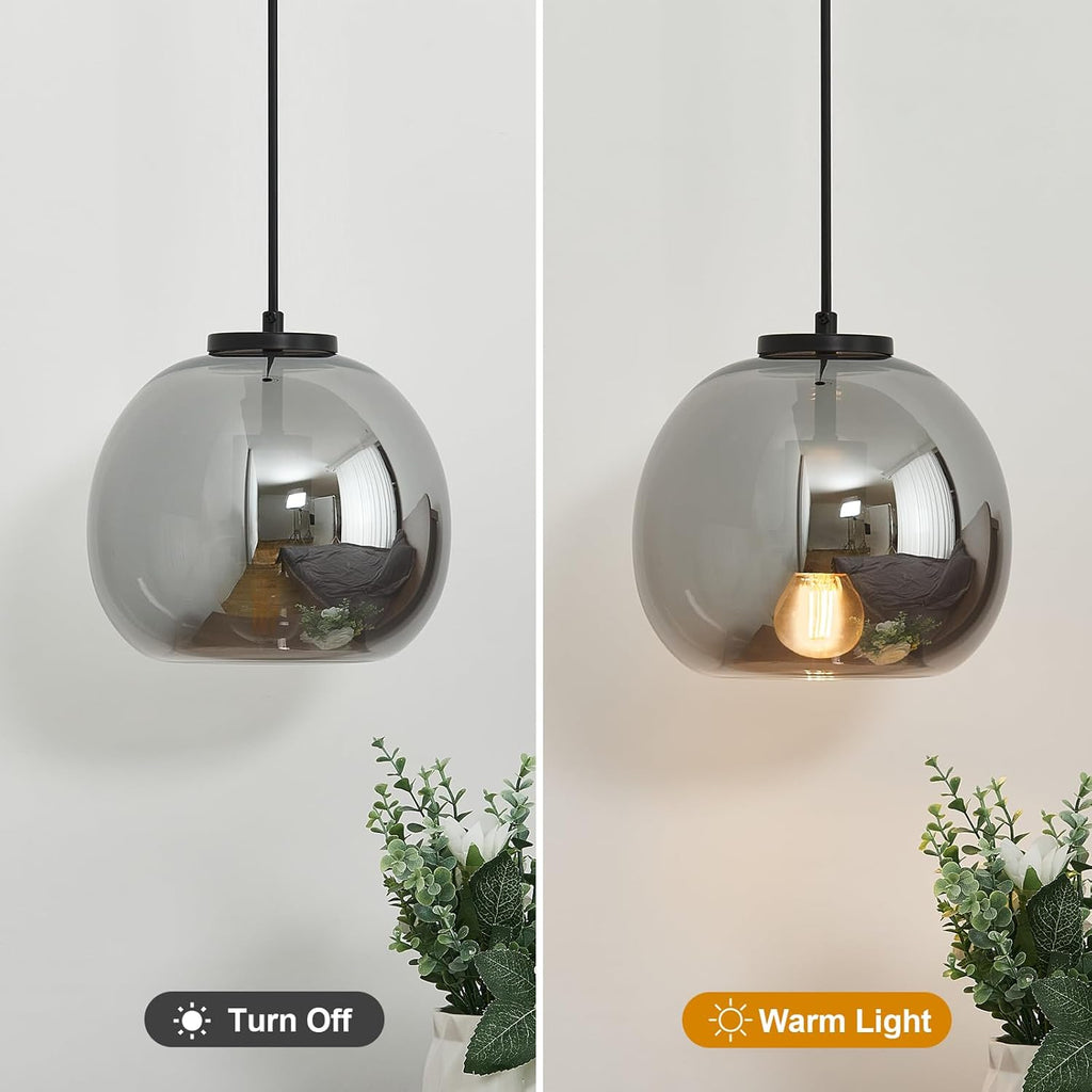 Mirror Smoke Gray Glass Pendant Lights Kitchen Island 2 Pack 7.87" Glass Globe Pendant Light Black Hanging Light Fixture Modern Pendant Lighting for Kitchen Island Bedroom Dining Room