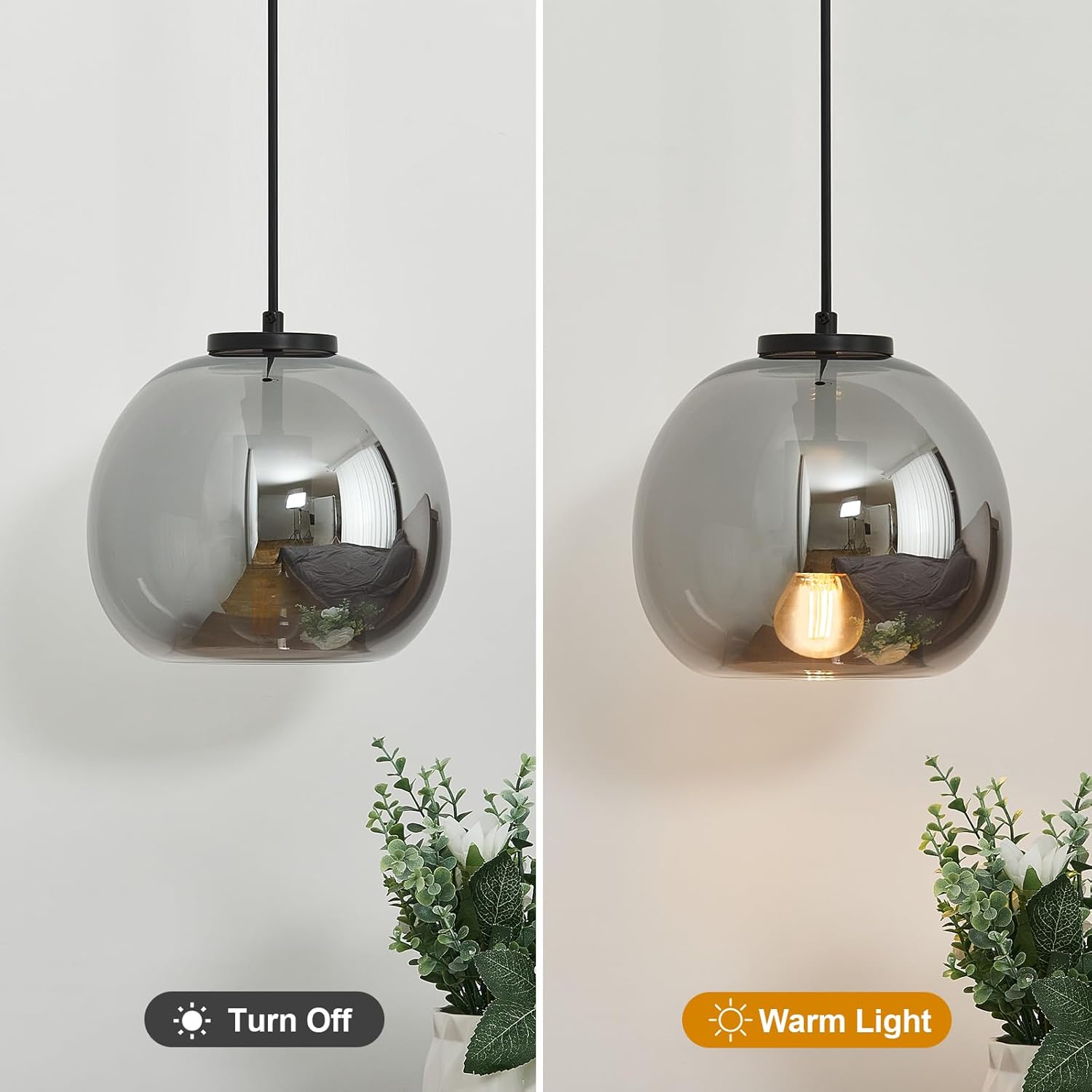 Mirror Smoke Gray Glass Pendant Lights Kitchen Island 2 Pack 7.87" Glass Globe Pendant Light Black Hanging Light Fixture Modern Pendant Lighting for Kitchen Island Bedroom Dining Room