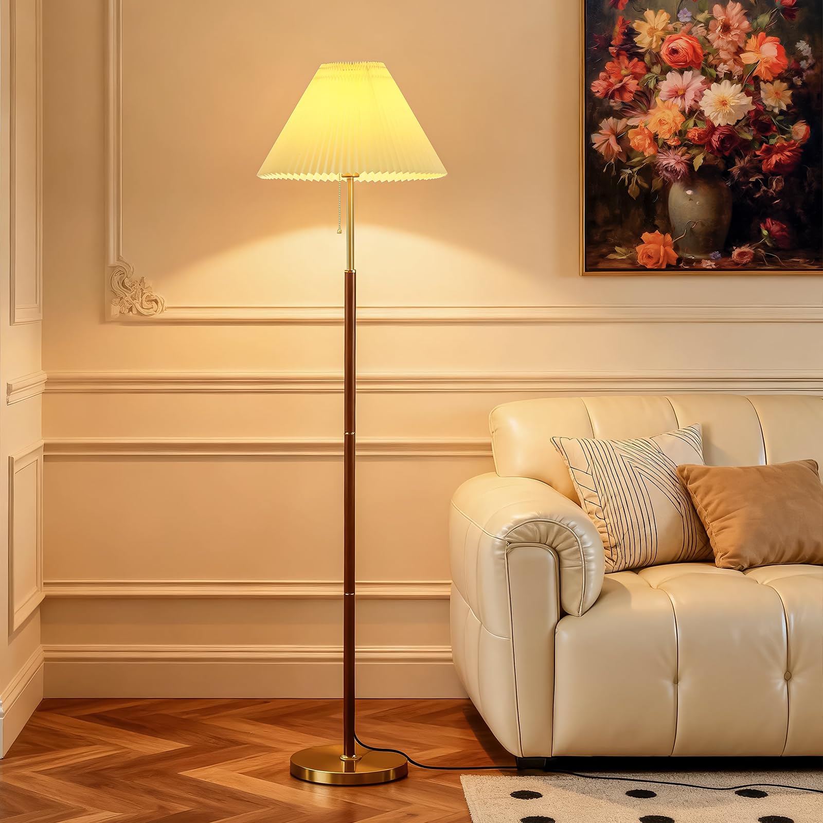 Unique Arc Floor Lamp, Bright 12W Three-Color Dimming Bulb, Wavy Pleated Lamp shade, Brass Gold Curved Standing Reading lamps Living Room Bedroom Office Library, Modern Cute Rustic Vintage Tall Lights