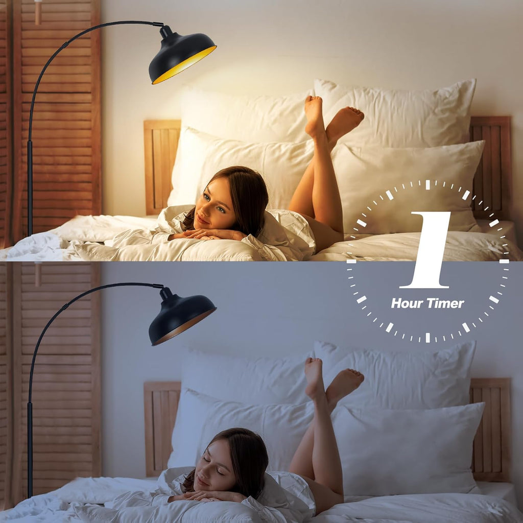 Arch Floor Lamps with Remote - Dimmable Floor Lamp 70”, Black Tall Lamp with 360° Adjustable Hanging Metal Shade, Arc Lamps Floor Standing with 9W Bulb, Over Couch Lamps for Living Room, Foot Switch