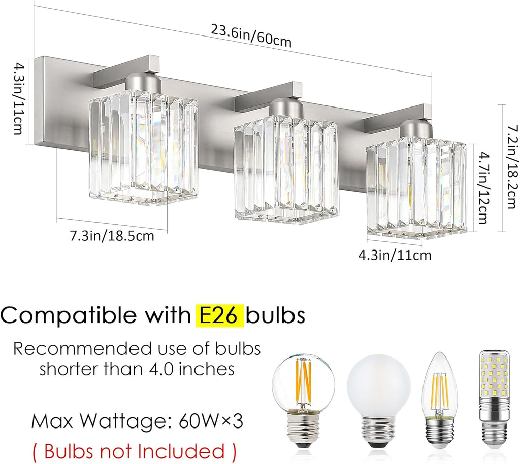 Brushed Nickel 3-Light Crystal Bathroom Vanity Light Fixture (Bulb Not Included)