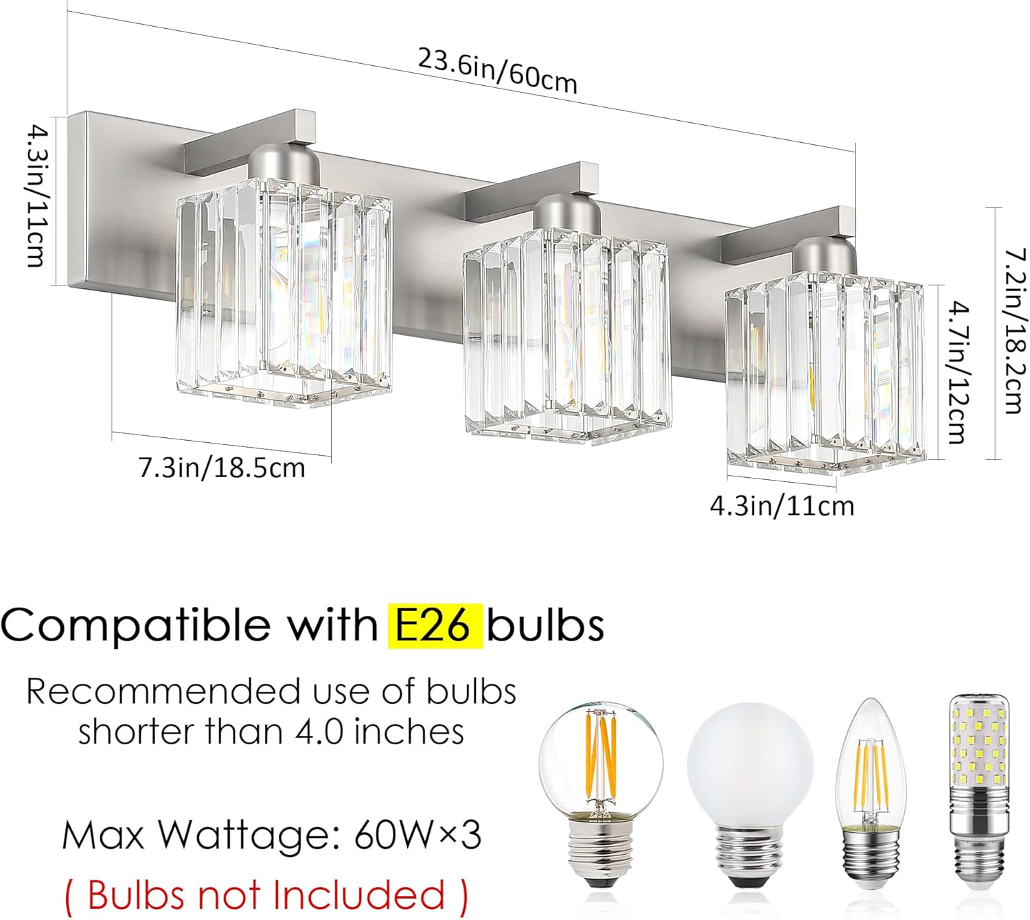 Brushed Nickel 3-Light Crystal Bathroom Vanity Light Fixture (Bulb Not Included)