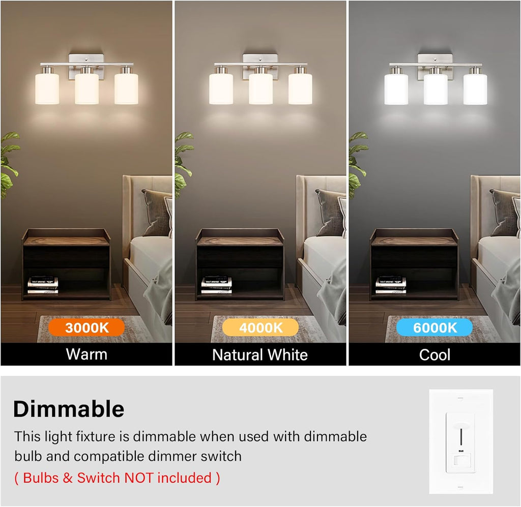 FonmYim Brushed Nickel Bathroom Light Fixtures, 3-Light Modern Vanity Light Over Mirror, Wall Sconces with Milky White Frosted Glass Shades, E26 Socket (Bulbs Not Included)
