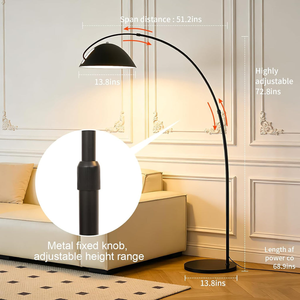 72" Black Dimmable LED Arc Floor Lamp with Remote & Foot Switch, 20W Adjustable Over Sofa Standing Lamp