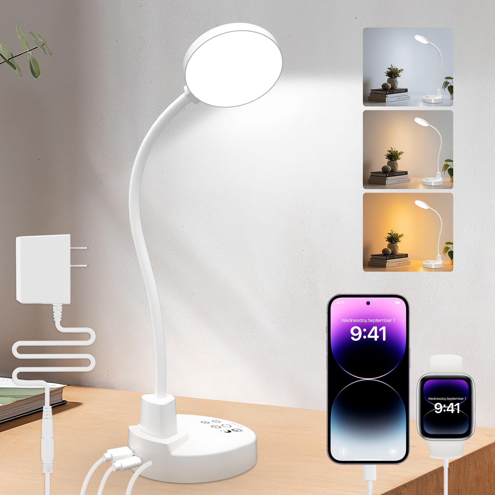 15W LED Desk Lamp with USB Charging Ports – Dimmable Table Lamp with 3 Color Temps, 5 Brightness, 4 Timers, Flexible Gooseneck Light with Base, Eye-Caring Reading Light for Home Office, Bedroom, Study