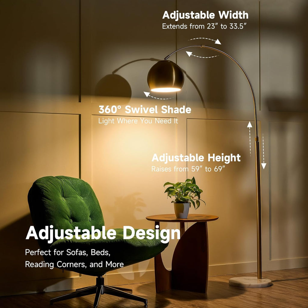 CO-Z 69" Modern Arc Floor Lamp, Gold Standing Light with Adjustable Metal Shade and Marble Base, LED Bulb Included, Contemporary Lighting for Living Room or Sofa