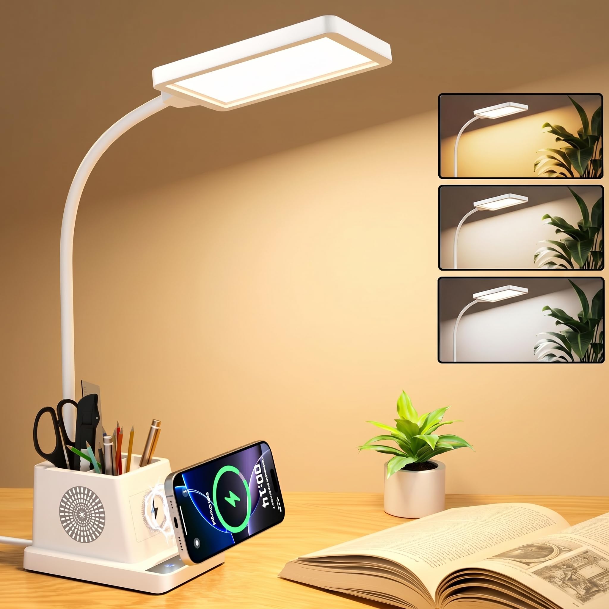 cozoo LED Desk Lamp for Home Office, 15W Bright Desk Light with Wireless Charger Pen Holder, Gooseneck Small Table Lamp for Bedroom, Study, Reading, Work, Task, Craft, College Dorm Room Accessories