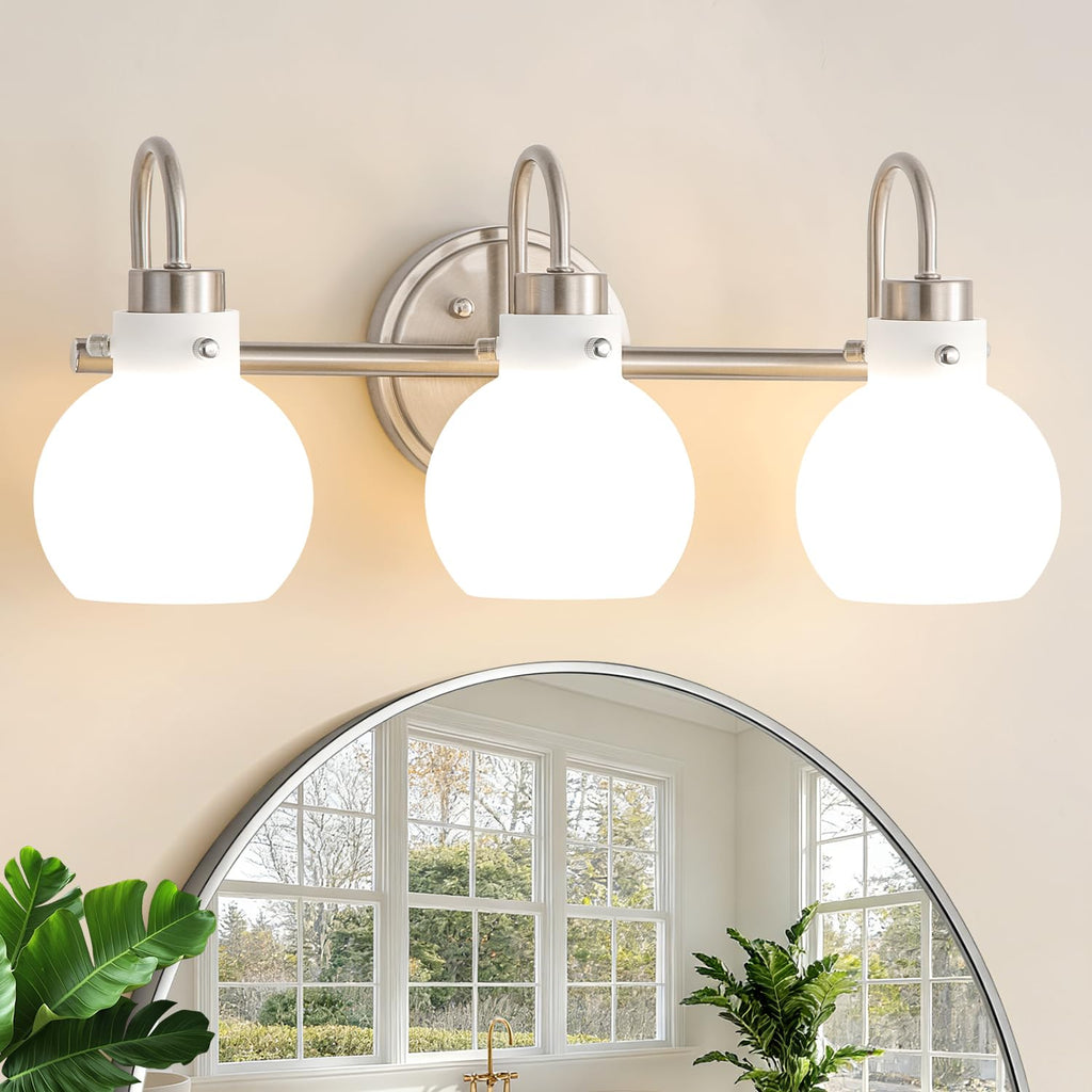 3 Lights Vanity Light, Brushed Nickel Bathroom Light Fixtures, Farmhouse Wall Sconces with Globe Clear Glass Shade, Porch Wall Mount Lamp for Mirror, Kitchen, Porch, Living Room, Workshop (E26 Base)