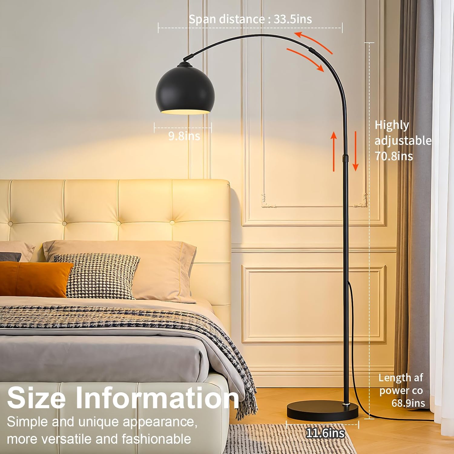 Matte Black Arc Floor Lamp 71" Tall, Dimmable 12W LED Smart Standing Lamp with Remote Control, 360° Rotatable Adjustable Height & Span, Reading Floor Lamp for Living Room, Bedroom, Office, Library