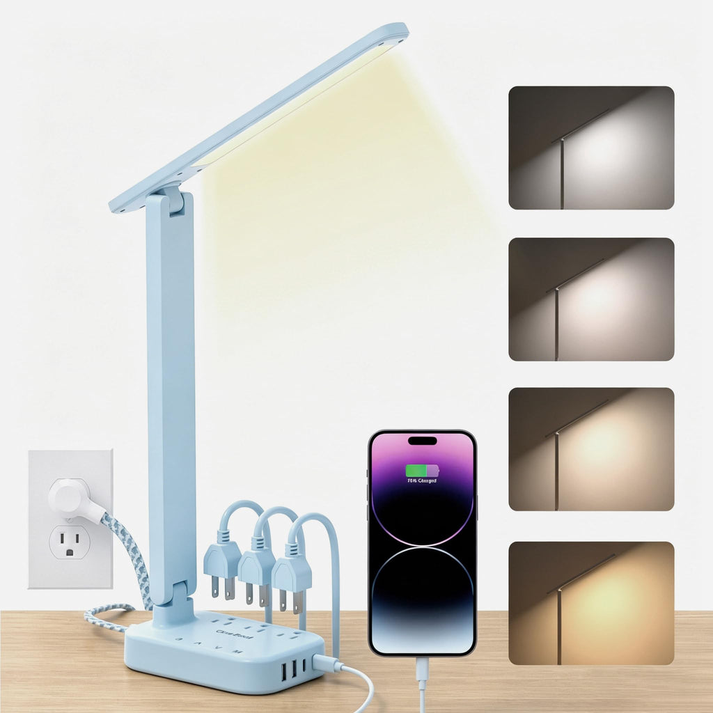 One Beat Small LED Desk Lamp Power Strip 5ft Extension Cord with 3 Outlets 4 USB Ports(2 USB C), 4 Modes, 5 Level Touch Lamp Study Reading Light, Home Office Bedroom College Dorm Room Essentials,White