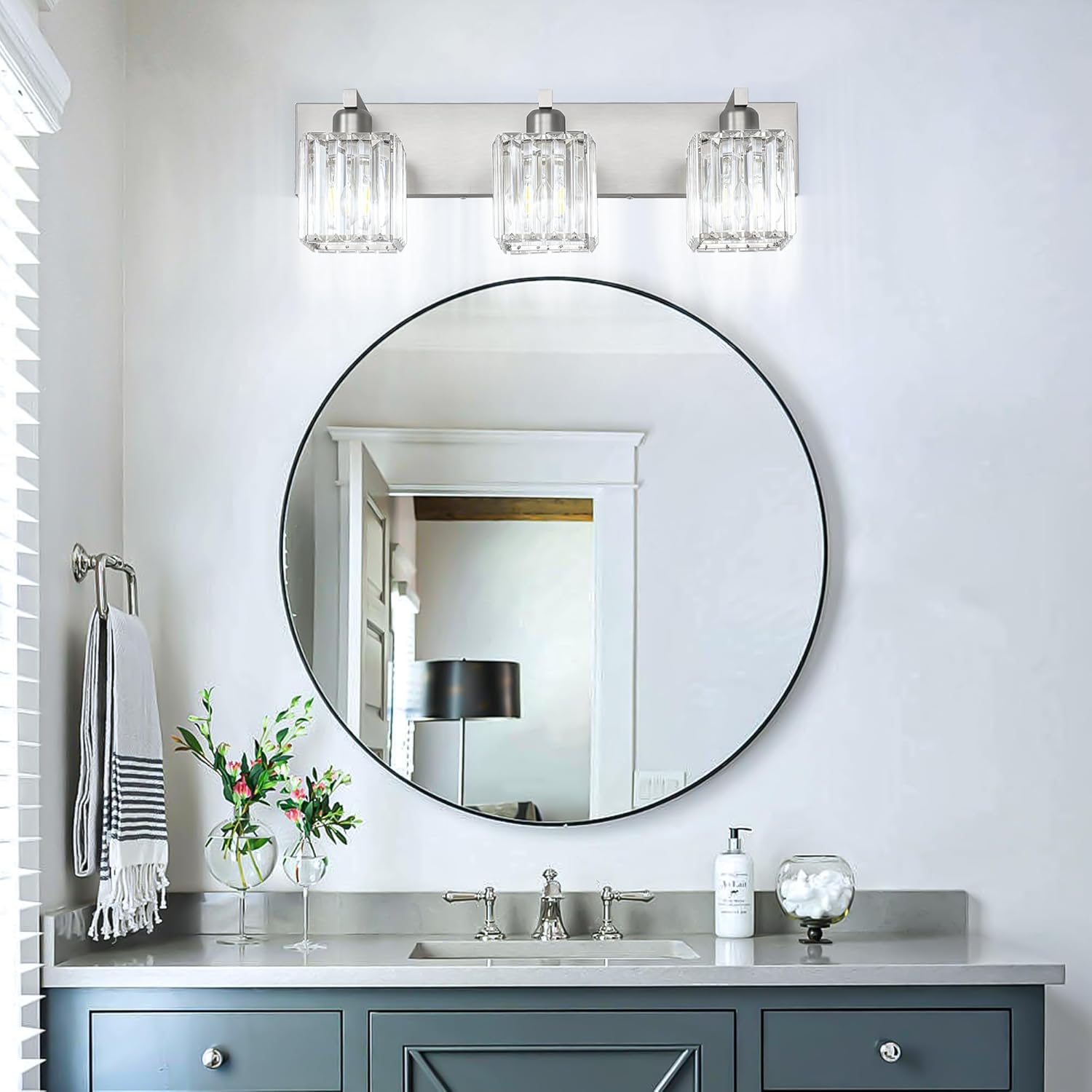 Brushed Nickel 3-Light Crystal Bathroom Vanity Light Fixture (Bulb Not Included)