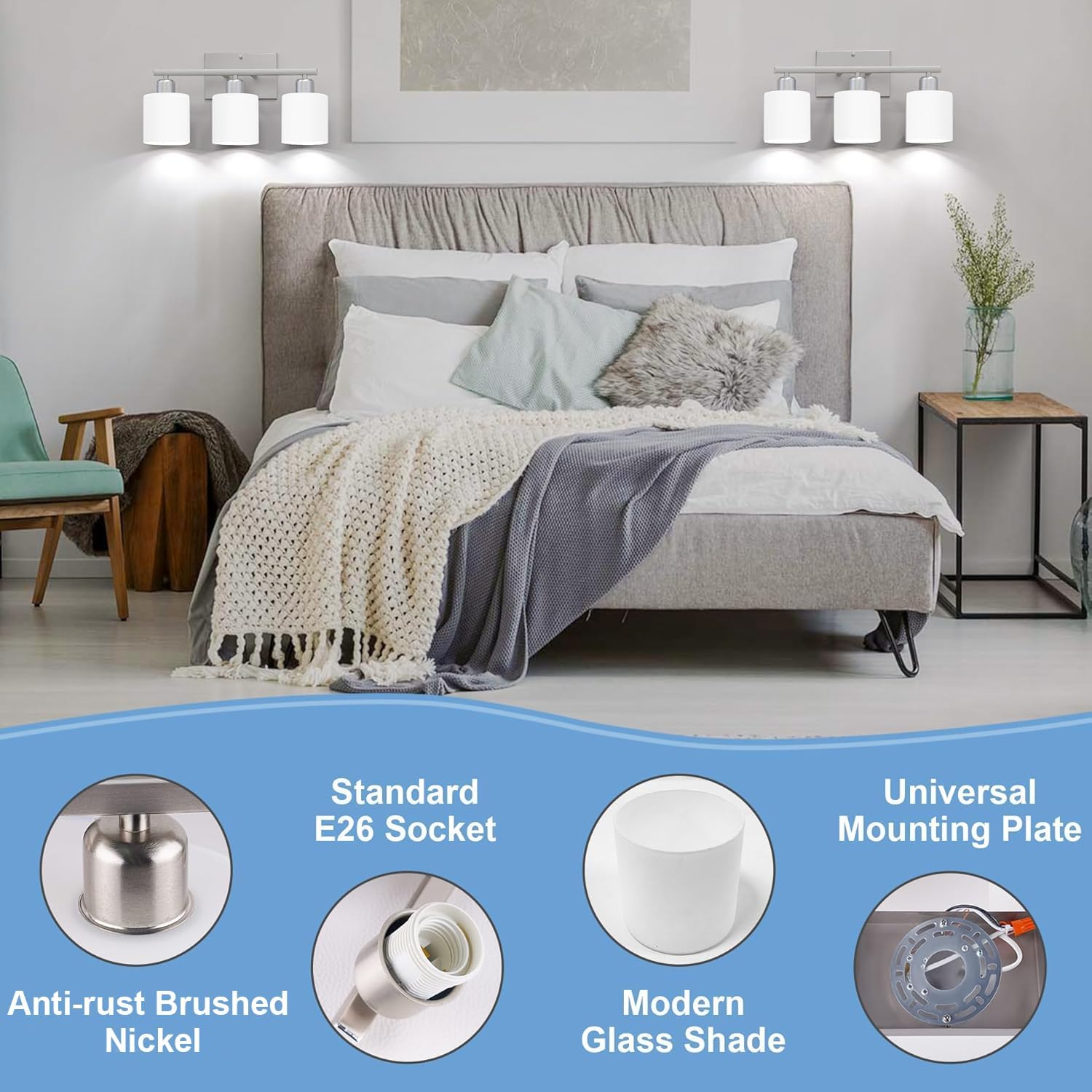 Bathroom Light Fixtures Over Mirror Brushed Nickel, Rustproof 3-Light Bathroom Vanity Lights, 18 Inches Modern Wall Sconces E26 Base, Milky White Glass Shades, Bulbs Not Included