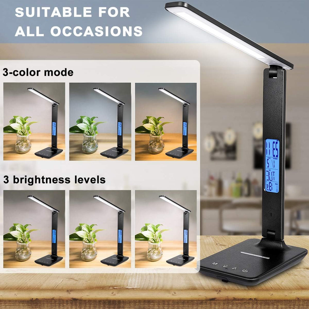 Dimmable LED Desk Lamp with Wireless & USB Charging, Clock Calendar Thermometer for Home Office