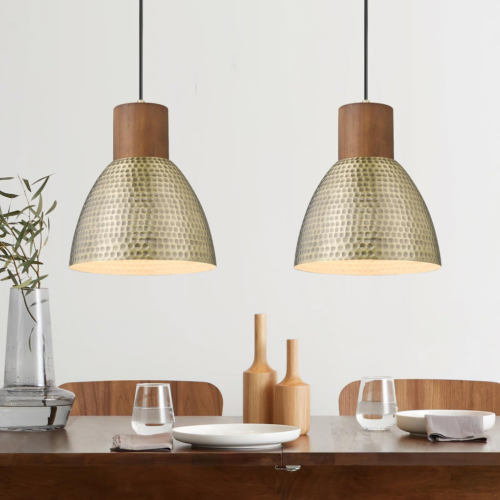 ELYONA 2 Pack Hammered Pendant Lights, 10.2” Industrial Metal Solid Wood Hanging Lamp, Modern Island Pendant Light Fixtures for Kitchen Bar, Farmhouse Dining Room, Bedroom, Living Room, Office, Black