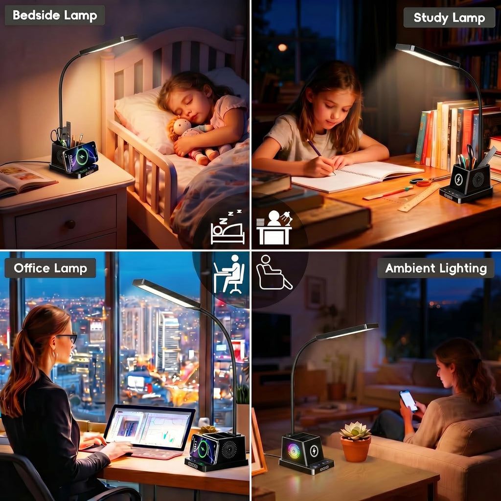 cozoo LED Desk Lamp for Home Office, 15W Bright Desk Light with Wireless Charger Pen Holder, Gooseneck Small Table Lamp for Bedroom, Study, Reading, Work, Task, Craft, College Dorm Room Accessories