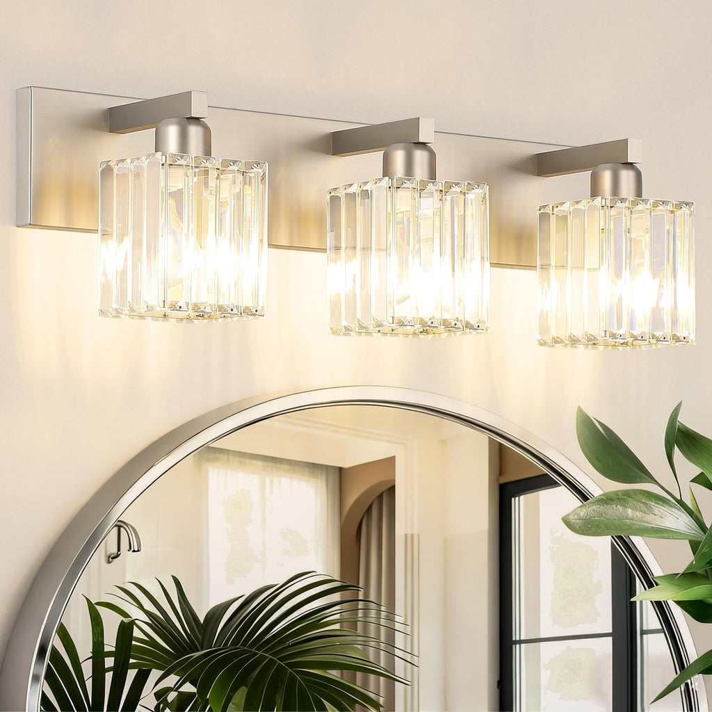 Brushed Nickel 3-Light Crystal Bathroom Vanity Light Fixture (Bulb Not Included)