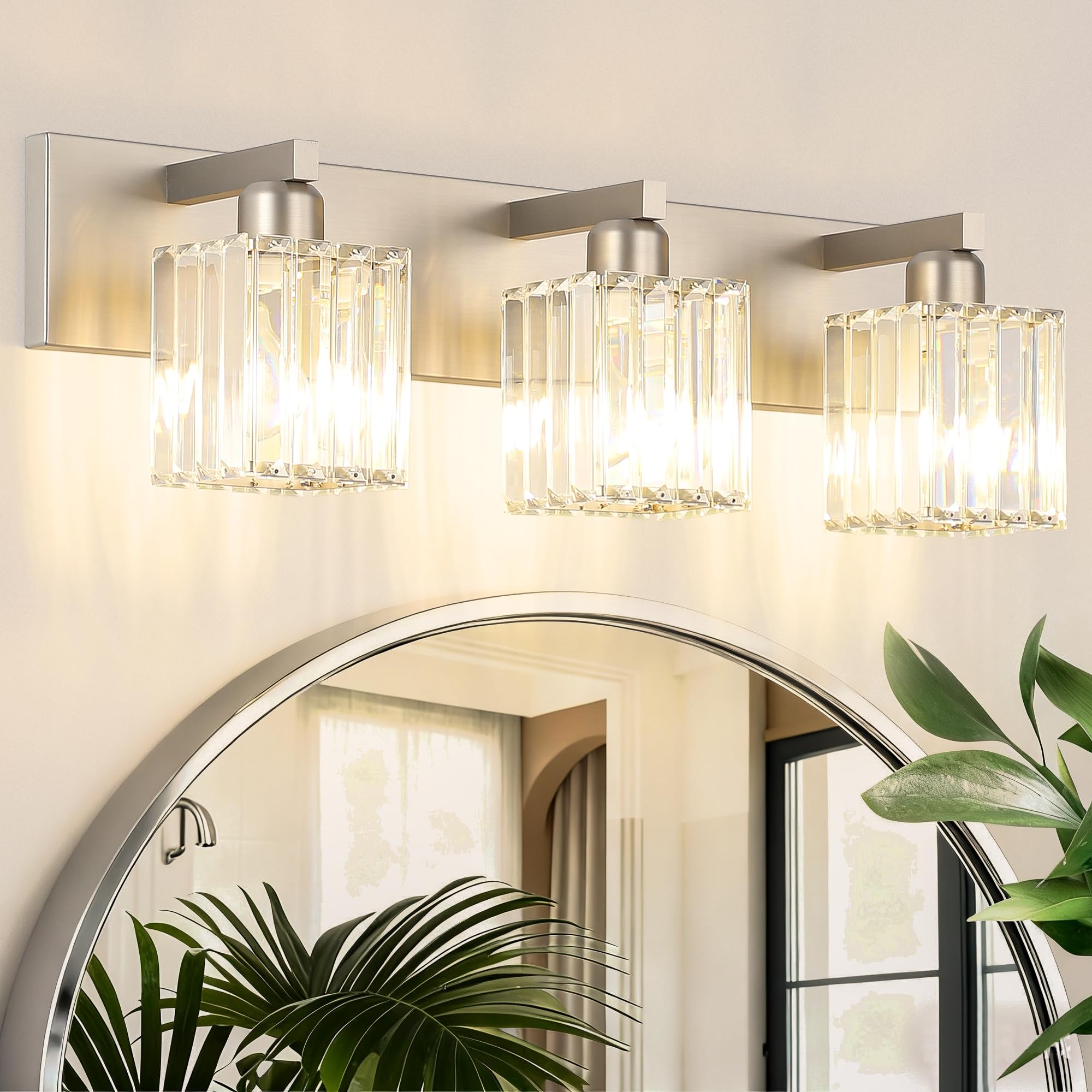 Brushed Nickel 3-Light Crystal Bathroom Vanity Light Fixture (Bulb Not Included)