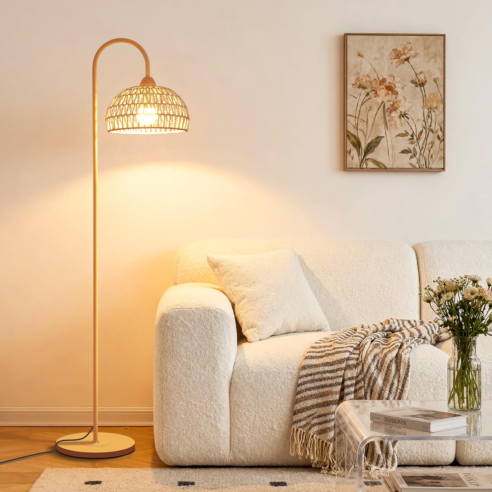 Unique Arc Floor Lamp, Bright 12W Three-Color Dimming Bulb, Wavy Pleated Lamp shade, Brass Gold Curved Standing Reading lamps Living Room Bedroom Office Library, Modern Cute Rustic Vintage Tall Lights